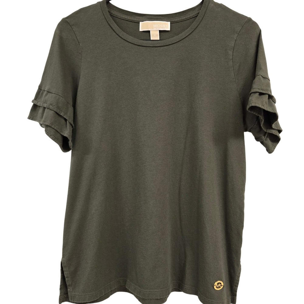 Michael Kors Womens Olive Green Ruffle Short Sleeve Crew Neck Top Size M